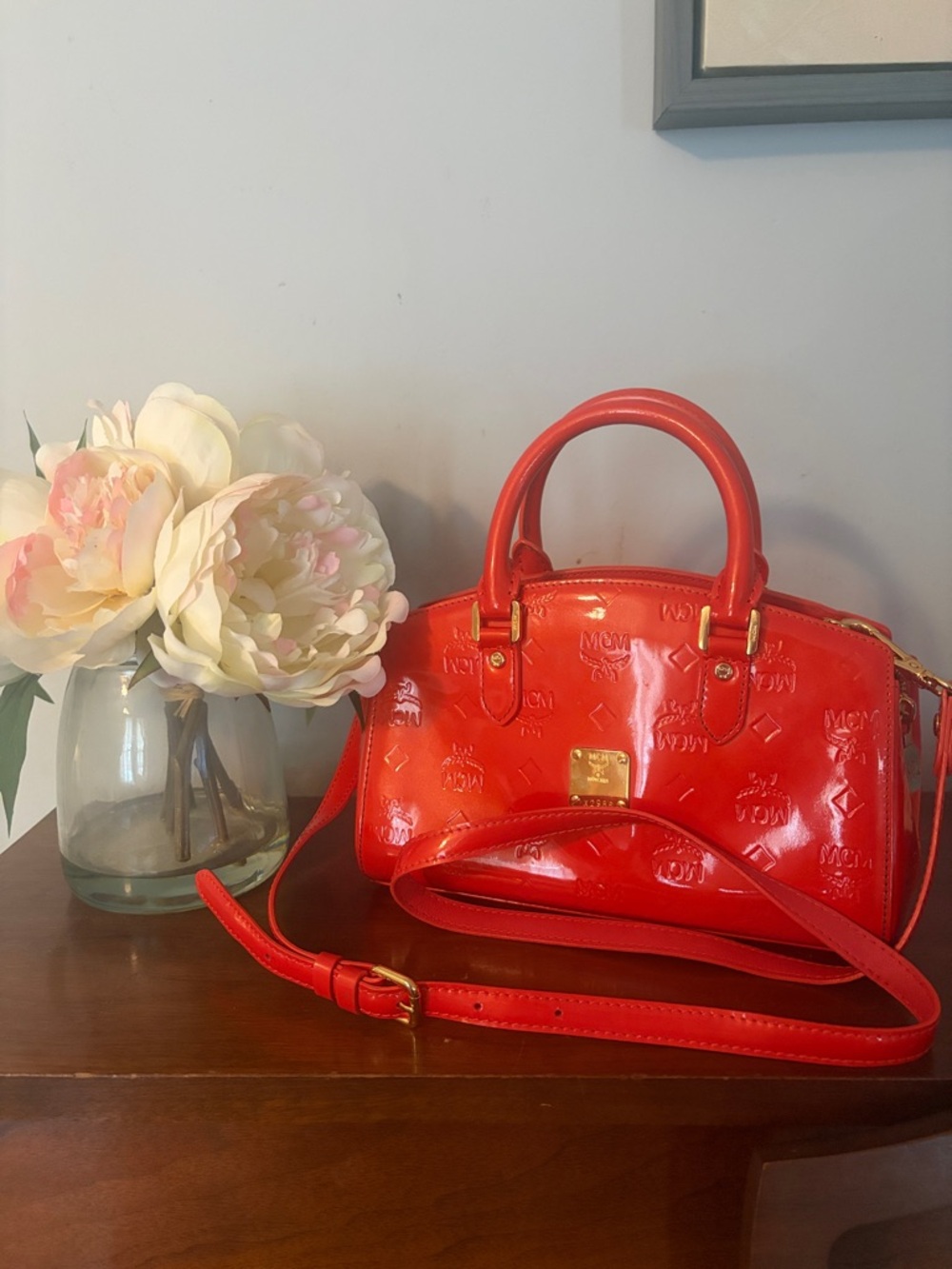 MCM Ella Red Patent Leather Boston Bag